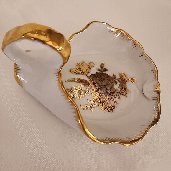 Vintage White Porcelain Scoop Dish Ashtray Cornucopia Gold Gilt Floral G922 - Picture 4 of 13